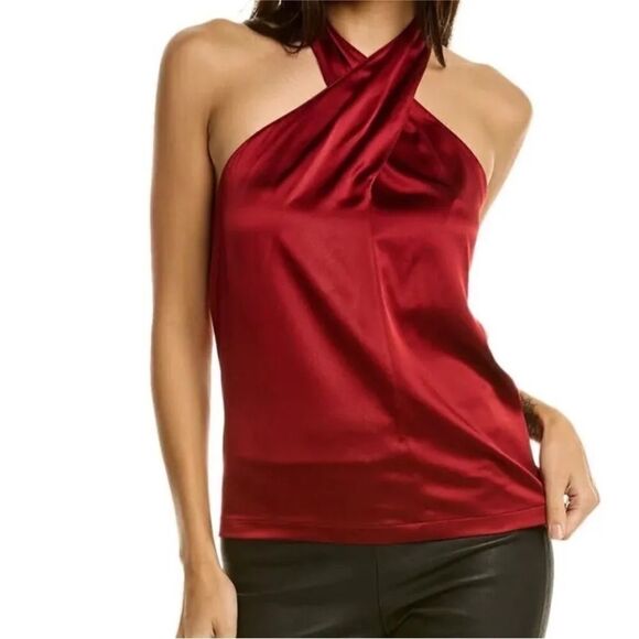 Theory NWT Ertil Convertible Cross Front Plunge Silk Halter Top Red Dahlia L - Picture 5 of 12